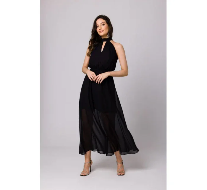 K169 Šifonové šaty se zavazováním za krkem - černé K169 Šifonové šaty se zavazováním za krkem - černé