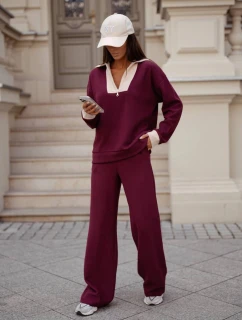 Dámský komplet - mikina se stojáčkem a široké kalhoty s kapsami ve vínové bordó barvě (VE107)