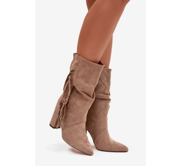Dámské kotníkové boty na podpatku s třásněmi a vyhřívané béžové model 21757525 - Boto Dámské kotníkové boty na podpatku s třásněmi a vyhřívané béžové model 21757525 - Boto