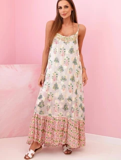 Dámské šaty na ramínka ze světlé viskózy s volánem růžový