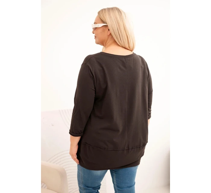 Dámská blůza Plus Size z bavlny s ozdobnými knoflíky a ohrnutými rukávy hnědá