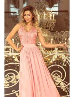 215-4 LEA dlouhé šaty bez rukávů s vyšívaným výstřihem - PASTEL ROSE