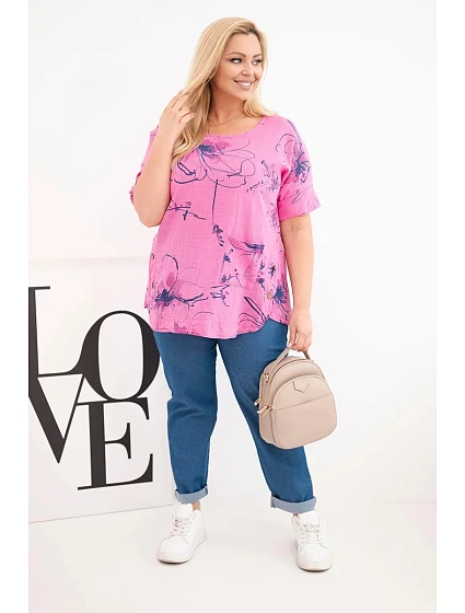 Dámská bavlněná halenka Plus Size s krátkým rukávem a kapsou růžová