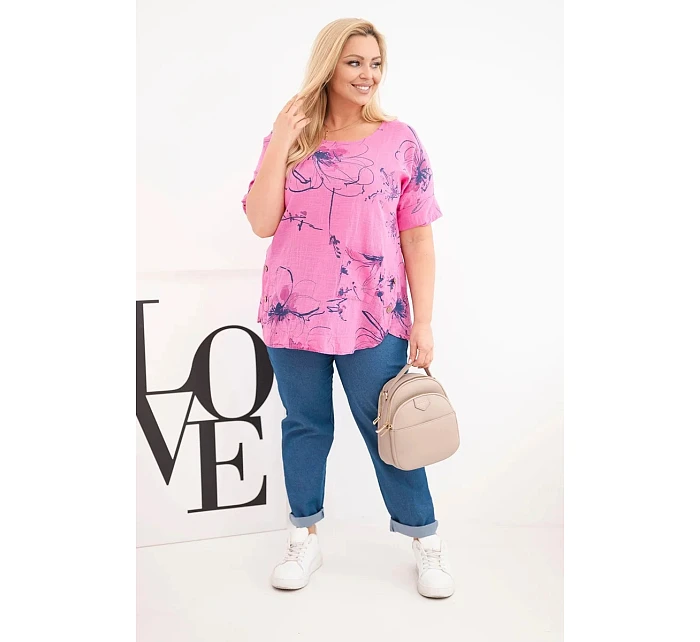 Dámská bavlněná halenka Plus Size s krátkým rukávem a kapsou růžová