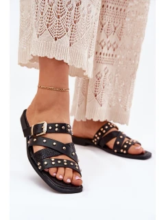 Zdobené Dámské Pantofle Na Plochém Podpatku S Pásky A Přezkou Černé Manitte