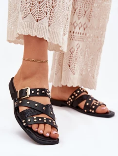 Zdobené Dámské Pantofle Na Plochém Podpatku S Pásky A Přezkou Černé model 21699522 - Boto