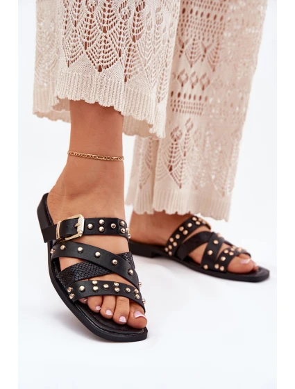 Zdobené Dámské Pantofle Na Plochém Podpatku S Pásky A Přezkou Černé Manitte Zdobené Dámské Pantofle Na Plochém Podpatku S Pásky A Přezkou Černé Manitte