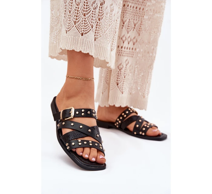 Zdobené Dámské Pantofle Na Plochém Podpatku S Pásky A Přezkou Černé Manitte Zdobené Dámské Pantofle Na Plochém Podpatku S Pásky A Přezkou Černé Manitte