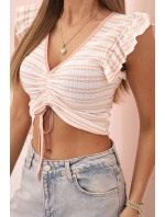 Dámská pruhovaná blůza s nařasením a volánky pudrově růžová