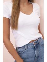 Dámská pruhovaná blůza s model 21772768 výstřihem a krátkým rukávem bílá - K-Fashion