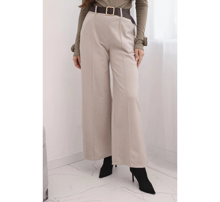 Dámské elegantní kalhoty s páskem a širokými nohavicemi béžové