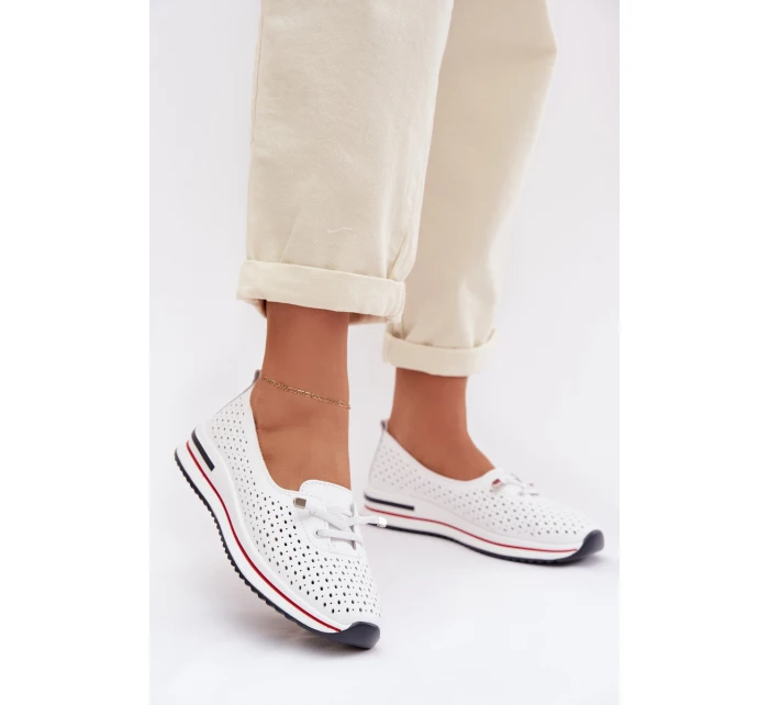 Kožené Ažurové Dámské Polobotky S.Barski LR61-7044 Bílé