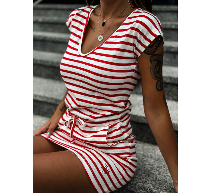 Ecru-červené ležérní šaty s krátkým rukávem od MAYFLIES