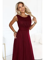 dlouhé maxi šaty s tylem a kulatým výstřihem – vínová model 22278796 - numoco basic