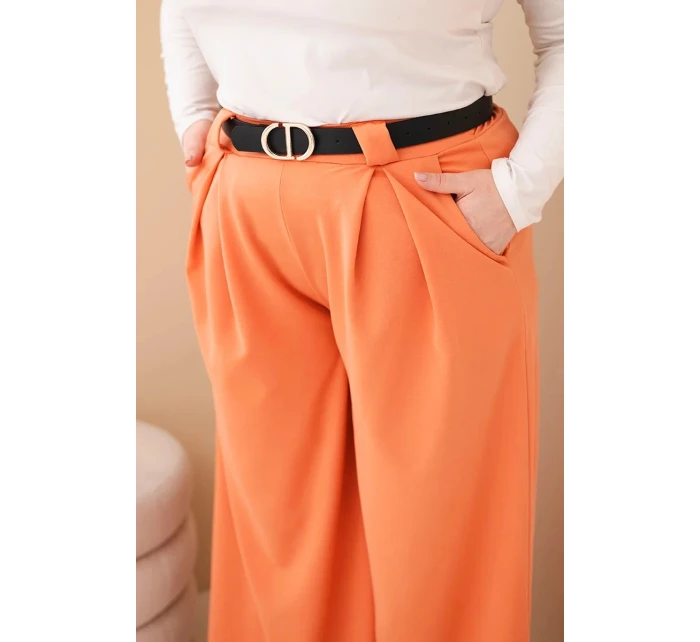 Dámské kalhoty Plus Size viskózové s širokou nohavicí a pásem meruňkové