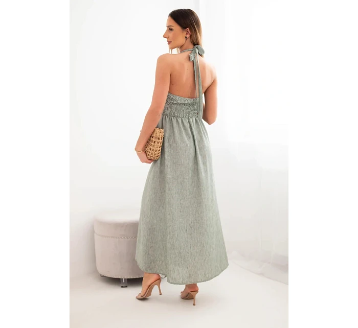 Dámské viskózové maxi šaty vázané na krku s ozdobnou sponou khaki Dámské viskózové maxi šaty vázané na krku s ozdobnou sponou khaki