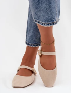 Dámské eko semišové baleríny s páskem a zlatou přezkou Adelora – světle béžové