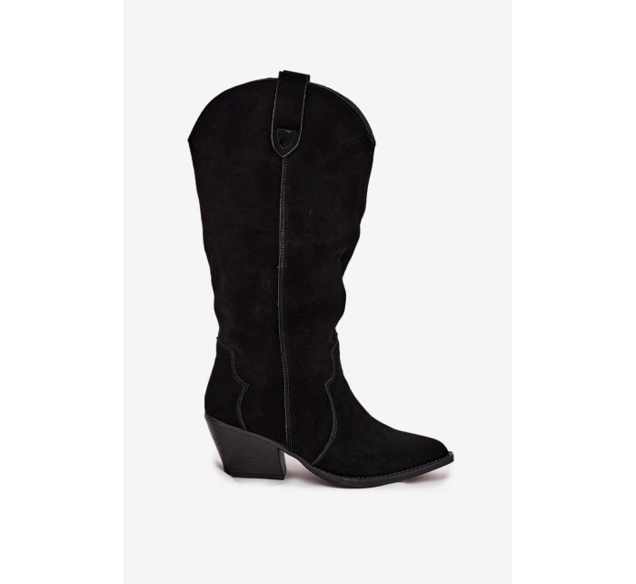 Dámské zateplené kožené semišové cowboy kozačky Urselle – černé Dámské zateplené kožené semišové cowboy kozačky Urselle – černé