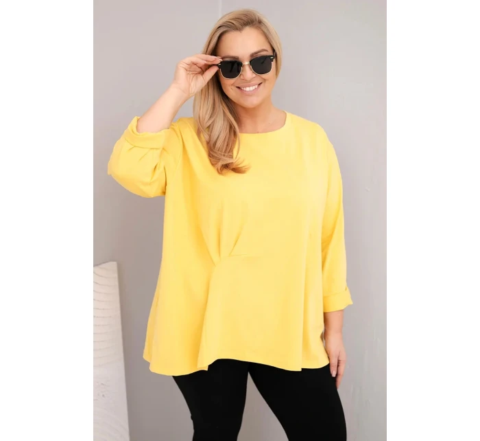 Dámská blůza plus size s bavlnou a dlouhým rukávem a nařasením žlutá