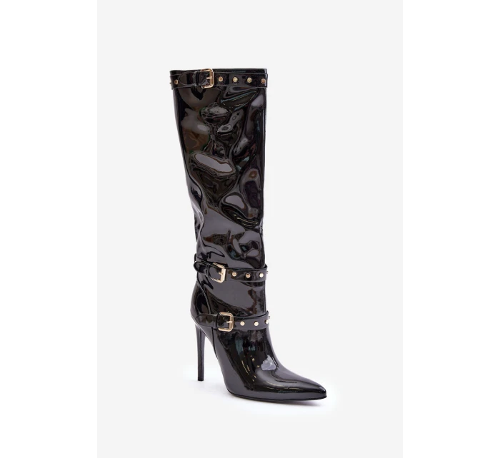 Lakované kozačky na jehlovém podpatku s přezkami černé model 21679210 - Boto