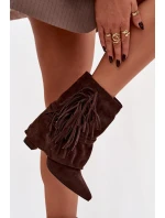 Dámské kotníkové boty na podpatku s třásněmi a zlatými přezkami čokoládové Evelisse Dámské kotníkové boty na podpatku s třásněmi a zlatými přezkami čokoládové Evelisse