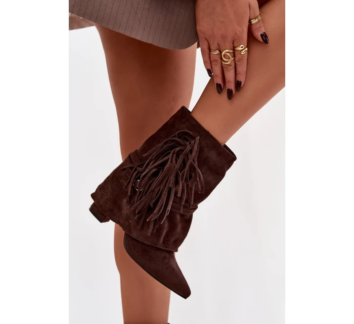 Dámské kotníkové boty na podpatku s třásněmi a zlatými přezkami čokoládové Evelisse Dámské kotníkové boty na podpatku s třásněmi a zlatými přezkami čokoládové Evelisse