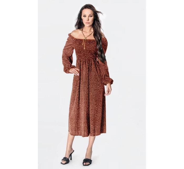 Dámské puntíkované šaty ve španělském stylu v cihlové barvě s dlouhými rukávy Ann Gissy (DLY016)