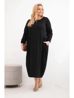 Dámská suknička Plus Size z bavlny s dlouhým rukávem a nařasením v pase černá