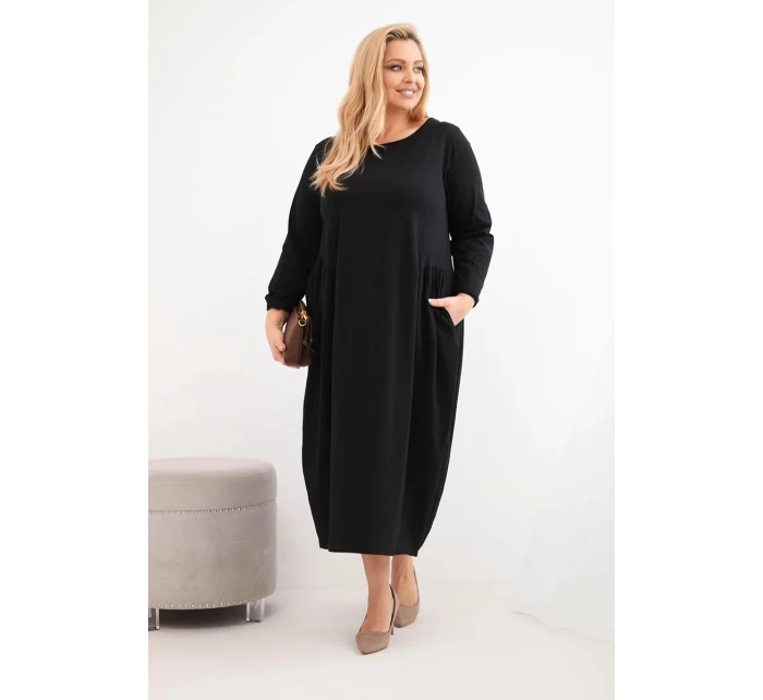 Dámská suknička Plus Size z bavlny s dlouhým rukávem a nařasením v pase černá