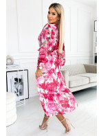 Midi šaty s výstřihem a páskem Numoco VALENTINA - růžové