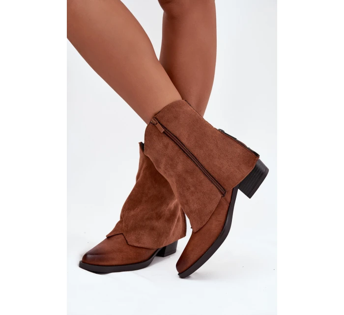 Dámské zateplené kotníkové botky kovbojky na sloupku – camel Sylvette Dámské zateplené kotníkové botky kovbojky na sloupku – camel Sylvette