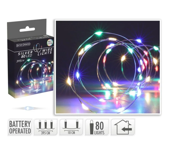 DRÁTĚNÁ SVĚTLA GIRLANDA NA BATERIE 80 VEDLA VÍCEBAREVNÁ