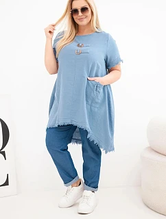 Dámské bavlněné šaty Plus Size s delším zadním dílem a kapsou džínová