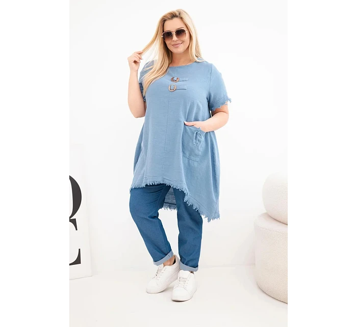 Dámské bavlněné šaty Plus Size s delším zadním dílem a kapsou džínová