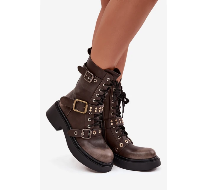 Zateplené workery dámské s přezkami hnědé model 21715308 - Boto Zateplené workery dámské s přezkami hnědé model 21715308 - Boto