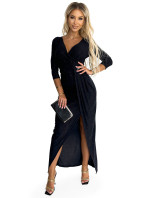 Lesklé černé dlouhé dámské šaty s výstřihem, rozparkem na noze a s brokátem 404-6