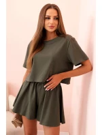 Dámský bavlněný komplet s širokými šortkami khaki