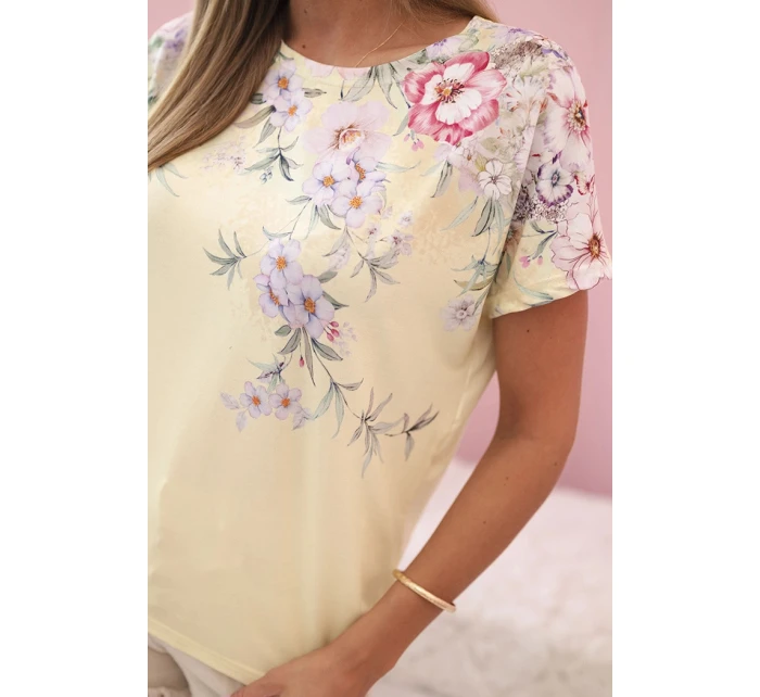Dámská bavlněná blůza s krátkým rukávem a květinovým potiskem žlutá