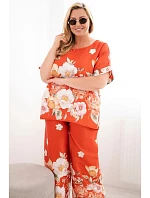 Dámský set Plus Size s halenkou a kalhotami s širokými nohavicemi s květinovým vzorem rezavá
