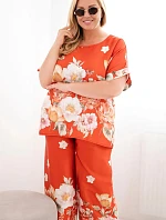 Dámský set Plus Size s halenkou a kalhotami s širokými nohavicemi s květinovým vzorem rezavá