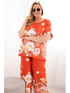 Dámský set Plus Size s halenkou a kalhotami s širokými nohavicemi s květinovým vzorem rezavá
