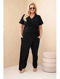 Dámský bavlněný overal Plus Size se zavazováním v pase černý