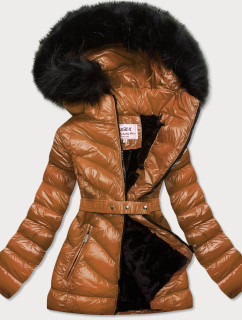 Lesklá zimní bunda v karamelové barvě s mechovitou kožešinou (W673)