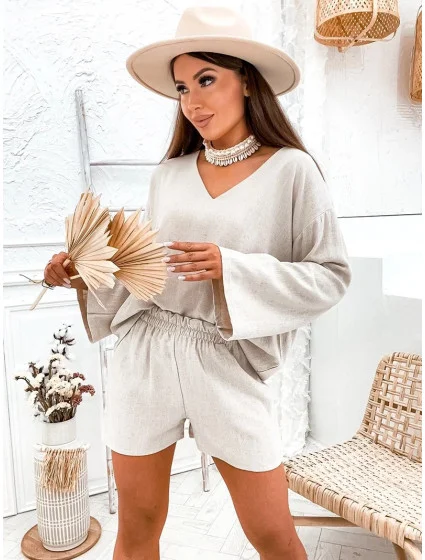 Béžový lněný dámský komplet - oversize halenka a šortky (752) Béžový lněný dámský komplet - oversize halenka a šortky (752)