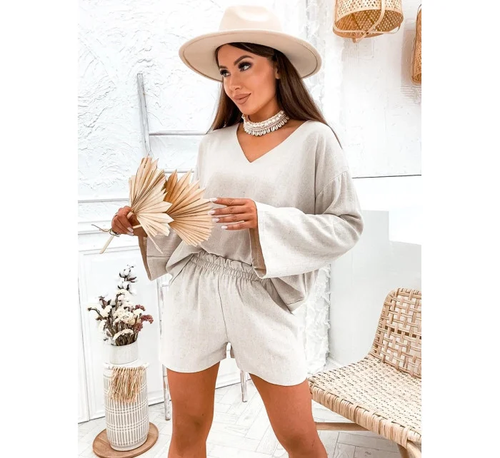 Béžový lněný dámský komplet - oversize halenka a šortky (752) Béžový lněný dámský komplet - oversize halenka a šortky (752)
