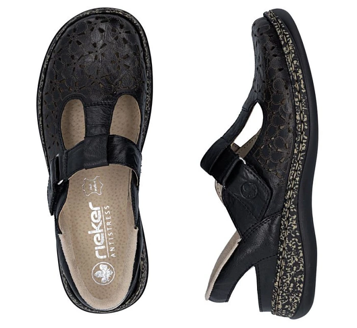 Dámské kožené ažurové sandály pohodlné široké černé Rieker 46397-00 Dámské kožené ažurové sandály pohodlné široké černé Rieker 46397-00