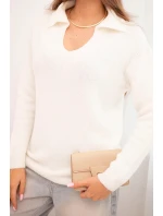 Dámský svetr z baby alpaky s límcem a výstřihem do V ecru