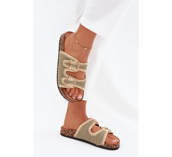 Dámské háčkované pantofle se zlatými přezkami – zelené Fenira