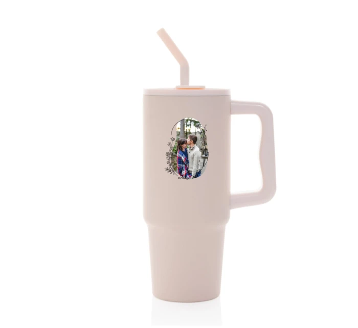 Personalizovaná termoska s barevným víčkem s květinovým ohraničením 