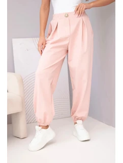 Dámské bavlněné kalhoty s vysokým pasem a ozdobným knoflíkem tmavě pudrově růžové